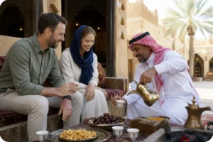 Traditional Saudi Arabia hospitality with Arabic coffee and dates