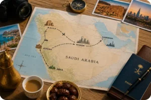 Saudi Arabia travel route from Riyadh to AlUla and Jeddah