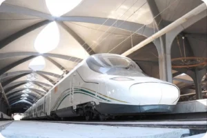 Haramain High-Speed Railway train inside a modern Saudi station