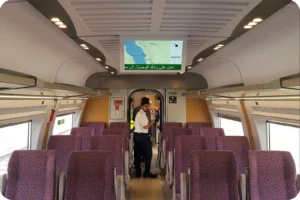 Passenger seating inside a Haramain train carriage