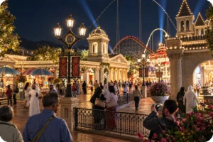 Visitors exploring Six Flags Qiddiya City at night