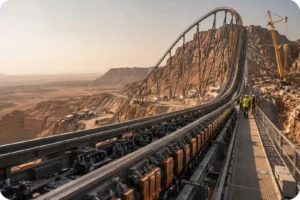 Falcons Flight roller coaster track across the Qiddiya landscape