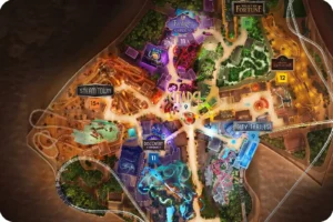 Map of the six themed lands at Six Flags Qiddiya City