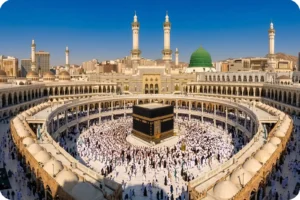 Kaaba surrounded by pilgrims completing the essential steps of Umrah