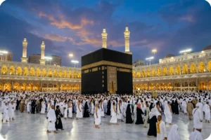 Pilgrims performing Tawaf around the Kaaba during Umrah at night