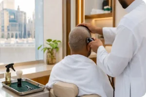 Muslim man completing Halq after learning how to perform Umrah
