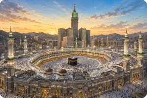 Umrah Guide featuring the Kaaba and panoramic view of Makkah
