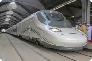 Modern Haramain high-speed train operating in western Saudi Arabia