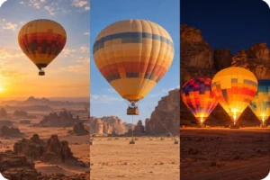 Three-panel image of a balloon flight, tethered ascent and illuminated balloon display