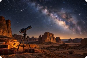 Visitors observing a star-filled sky above desert rock formations