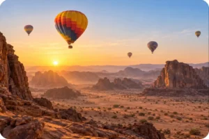 Hot air balloons above a desert valley in warm sunrise light