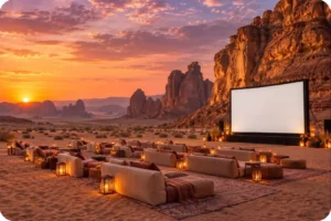 Outdoor cinema screen and lounge seating beneath sandstone cliffs at sunset